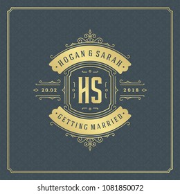 Wedding save the date invitation card vector illustration. Wedding invite title vintage design. Golden style and pattern background.