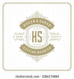 Wedding save the date invitation card design template vector illustration. Wedding invite title vintage typographic badge.