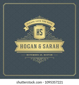 Wedding save the date invitation card design template vector illustration. Wedding invite title vintage typographic badge.