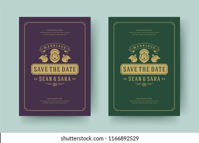 Wedding save the date invitation card vector illustration. Wedding invite title vintage design.