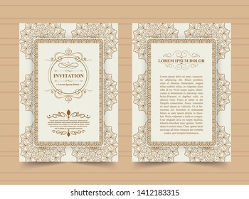 Wedding save the date invitation card vector illustration. Wedding invite title vintage design. Golden style.  