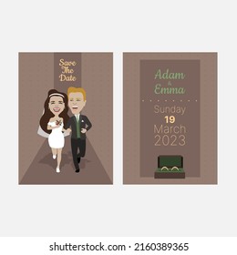 Wedding Save The Date Invitation Card (2 Sides). Caricature Wedding Couple Characters. Bride And Groom. 