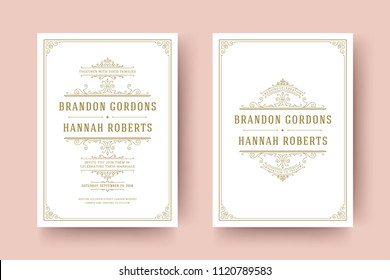 Wedding save the date invitation cards flourishes ornaments. Wedding invite title design. Vintage victorian frames and decorations. Vector elegant template.