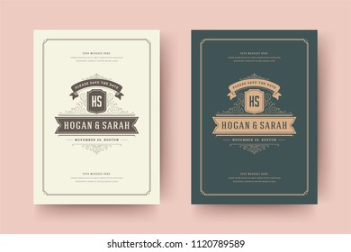 Wedding save the date invitation cards flourishes ornaments. Wedding invite title design. Vintage victorian frames and decorations. Vector elegant template.
