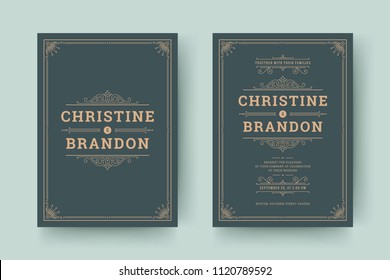 Wedding save the date invitation cards flourishes ornaments. Wedding invite title design. Vintage victorian frames and decorations. Vector elegant template.