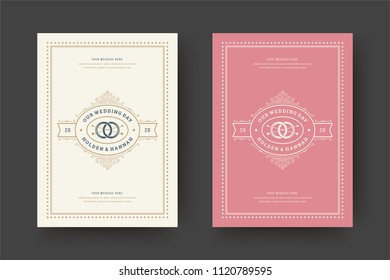Wedding save the date invitation cards flourishes ornaments. Wedding invite title design. Vintage victorian frames and decorations. Vector elegant template.
