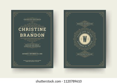 Wedding save the date invitation cards flourishes ornaments. Wedding invite title design. Vintage victorian frames and decorations. Vector elegant template.