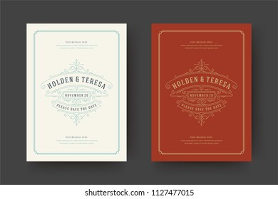 Wedding save the date invitation cards flourishes ornaments. Wedding invite title design. Vintage victorian frames and decorations. Vector elegant template.
