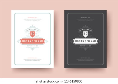 Wedding save the date invitation cards flourishes ornaments. Wedding invite title design. Vintage victorian frames and decorations. Vector elegant template.