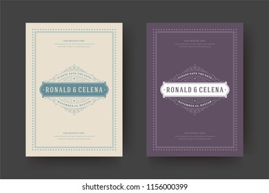 Wedding save the date invitation cards flourishes ornaments. Wedding invite title design. Vintage victorian frames and decorations. Vector elegant template.