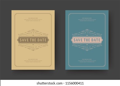 Wedding save the date invitation cards flourishes ornaments. Wedding invite title design. Vintage victorian frames and decorations. Vector elegant template.