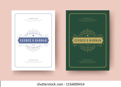 Wedding save the date invitation cards flourishes ornaments. Wedding invite title design. Vintage victorian frames and decorations. Vector elegant template.