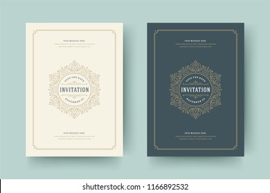 Wedding save the date invitation cards flourishes ornaments. Wedding invite title design. Vintage victorian frames and decorations. Vector elegant template.