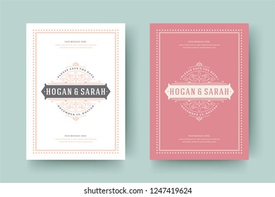 Wedding save the date invitation cards flourishes ornaments. Wedding invite title design. Vintage victorian frames and decorations. Vector elegant template.