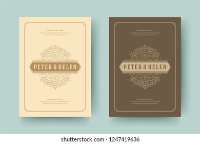 Wedding save the date invitation cards flourishes ornaments. Wedding invite title design. Vintage victorian frames and decorations. Vector elegant template.
