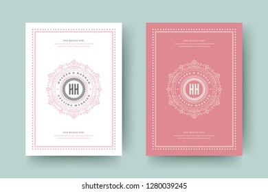 Wedding save the date invitation cards flourishes ornaments. Wedding invite title design. Vintage victorian frames and decorations. Vector elegant template.