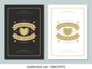 Wedding save the date invitations cards design vector illustration. Wedding invite title vintage templates. Golden style.