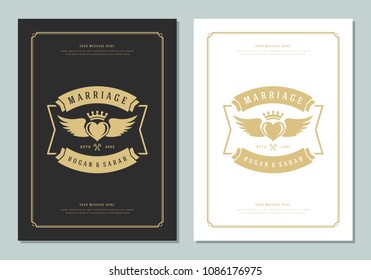Wedding save the date invitations cards design vector illustration. Wedding invite title vintage templates. Golden style.