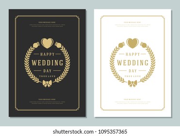 Wedding save the date invitations cards design vector illustration. Wedding invite title vintage templates. Golden style.