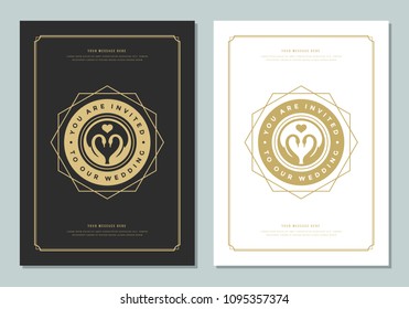 Wedding save the date invitations cards design vector illustration. Wedding invite title vintage templates. Golden style.
