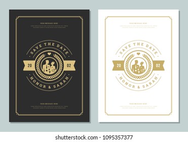Wedding save the date invitations cards design vector illustration. Wedding invite title vintage templates. Golden style.