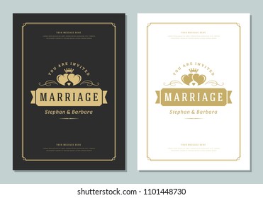 Wedding save the date invitations cards design vector illustration. Wedding invite title vintage templates. Golden style.