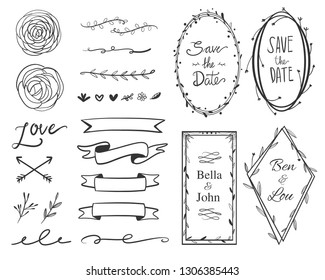 Wedding save the date ornament frame label collection set. Collection of swirl, arrow, banner, and floral frame.
