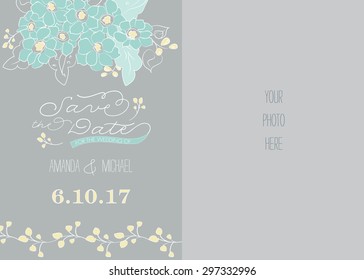 Wedding Save the Date Photo Card Template with Green and Yellow Abstract Flowers - Vector