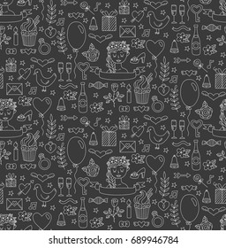 Wedding save the date romantic doodle icons seamless vector pattern