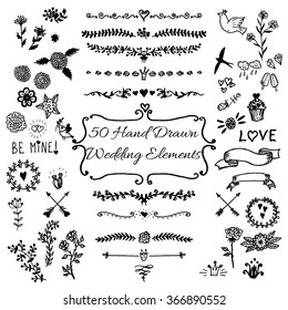 Wedding, save the date, romantic floral elements for your design. Set of hand drawn trendy objects. Vector isolated hand drawn flowers, dividers, arrows, cute birds, hearts and frames for text.
