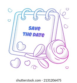 Wedding Save the date rose and calendar with Hand drawn gradient outline style
