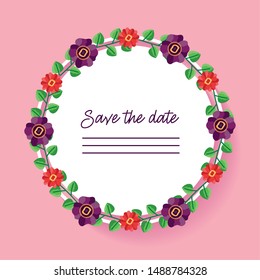 wedding save the date round badge flowers decoration pink background vector illustration