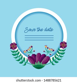 wedding save the date round badge flowers decoration blue background card vector illustration