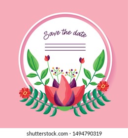 wedding save the date round badge flowers decoration pink background vector illustration