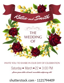 Wedding save the date template with roses, yellow floral wreath and maroon ribbon. Text can be used for invitation cards, postcards, announcements