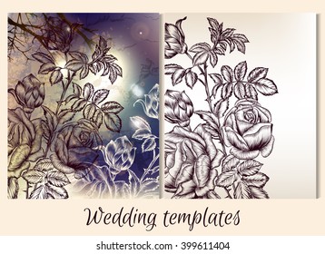 Wedding or save the date  templates with hand drawn roses  floral design