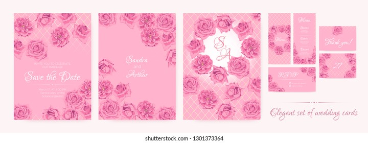 Wedding Save The Date, Thank You Cards, Pink Roses in Watercolor Style. Floral Decoration for Marriage Ceremony. Invitation Template Elegant Set. Flowers Frame, Luxury Wedding Thank You Cards Design.