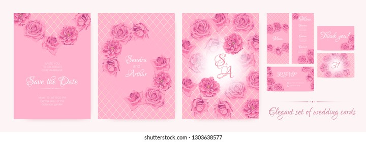 Wedding Save The Date, Thank You Cards, Pink Roses in Watercolor Style. Floral Decoration for Marriage Ceremony. Invitation Template Elegant Set. Flowers Frame, Luxury Wedding Thank You Cards Design.