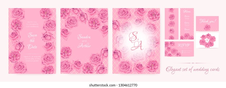 Wedding Save The Date, Thank You Cards, Pink Roses in Watercolor Style. Floral Decoration for Marriage Ceremony. Invitation Template Elegant Set. Flowers Frame, Luxury Wedding Thank You Cards Design.