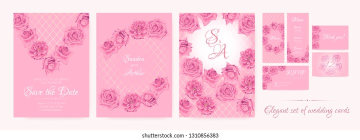 Wedding Save The Date, Thank You Cards, Pink Roses in Watercolor Style.  Flowers Frame, Luxury Wedding Thank You Cards Design.