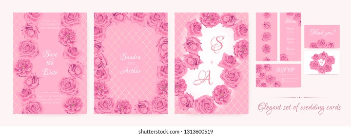 Wedding Save The Date, Thank You Cards, Pink Roses in Watercolor Style. Floral Decoration for Marriage Ceremony. Invitation Template Elegant Set. Flowers Frame, Luxury Wedding Thank You Cards Design.