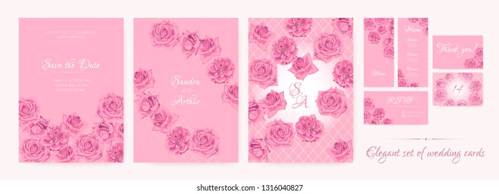 Wedding Save The Date, Thank You Cards, Pink Roses in Watercolor Style. Floral Decoration for Marriage Ceremony. Invitation Template Elegant Set. Flowers Frame, Luxury Wedding Thank You Cards Design.