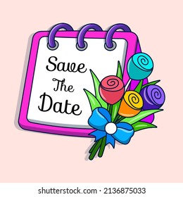 Hochzeit Sichern Sie sich das Datum und den Kranz der Blumen mit dem farbigen handgezeichneten Doodle-Stil