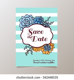 Wedding. Save The date.Trend cards with succulents and striped background. Stylish and fashionable design template invitations. Central white copy space for your text.