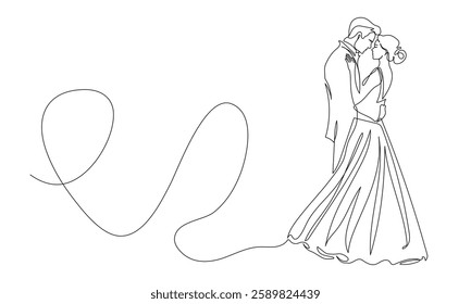 Wedding scene in one continuous line drawing. One line poster. Outline wedding party. For interior design and presentations . Vector illustration.