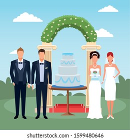 Wedding Scenery With Just Married Couple And Groomsmen Standing Around The Weeding Cake And Floral Arch, Colorful Design, Vector Illustration