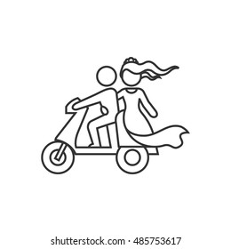 Wedding scooter icon in thin outline style. Newlywed riding scooter motor