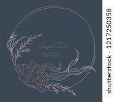 Wedding sea invitation; sketched floral branches, coral, algae, gold and pink geometric ring, on dark. Navy background. Nautical art. Marine wedding style. Flourishes ring & wreath.