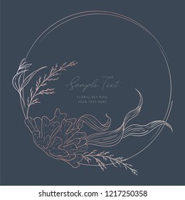 Wedding sea invitation; sketched floral branches, coral, algae, gold and pink geometric ring, on dark. Navy background. Nautical art. Marine wedding style. Flourishes ring & wreath.