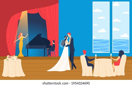 Wedding sea, summer cruise holiday, sun travel, relationship man, woman lovers, design, in cartoon style vector illustration.